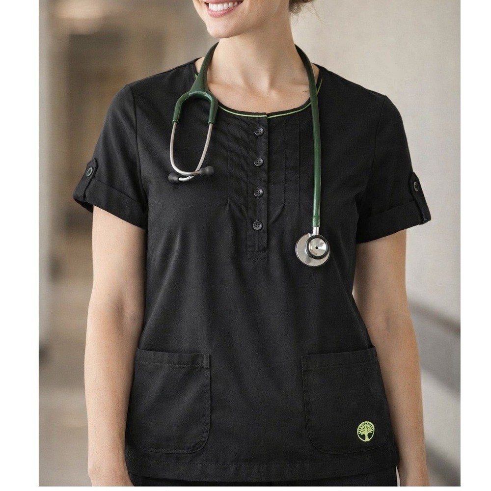 Healing Hands Women's Scrub Top Medium Black Short Sleeve Button Front Pockets